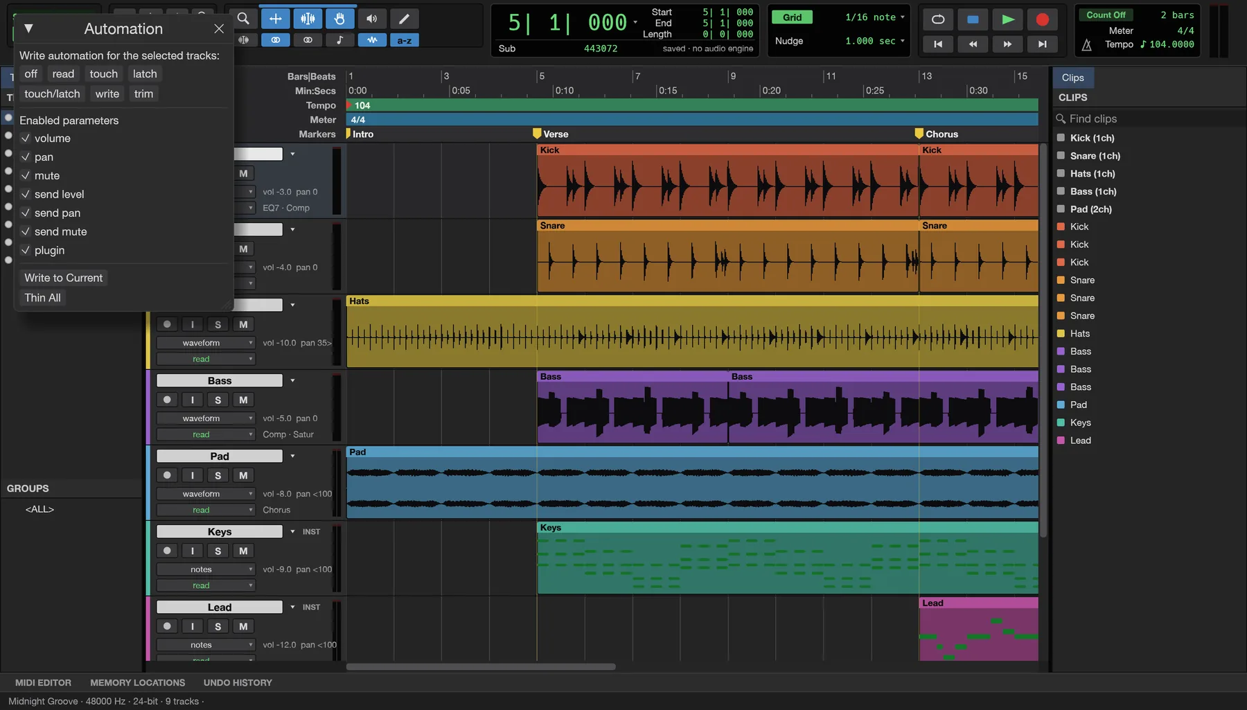 SynSound's Automation window with Write, Touch and Latch modes over the Edit window.