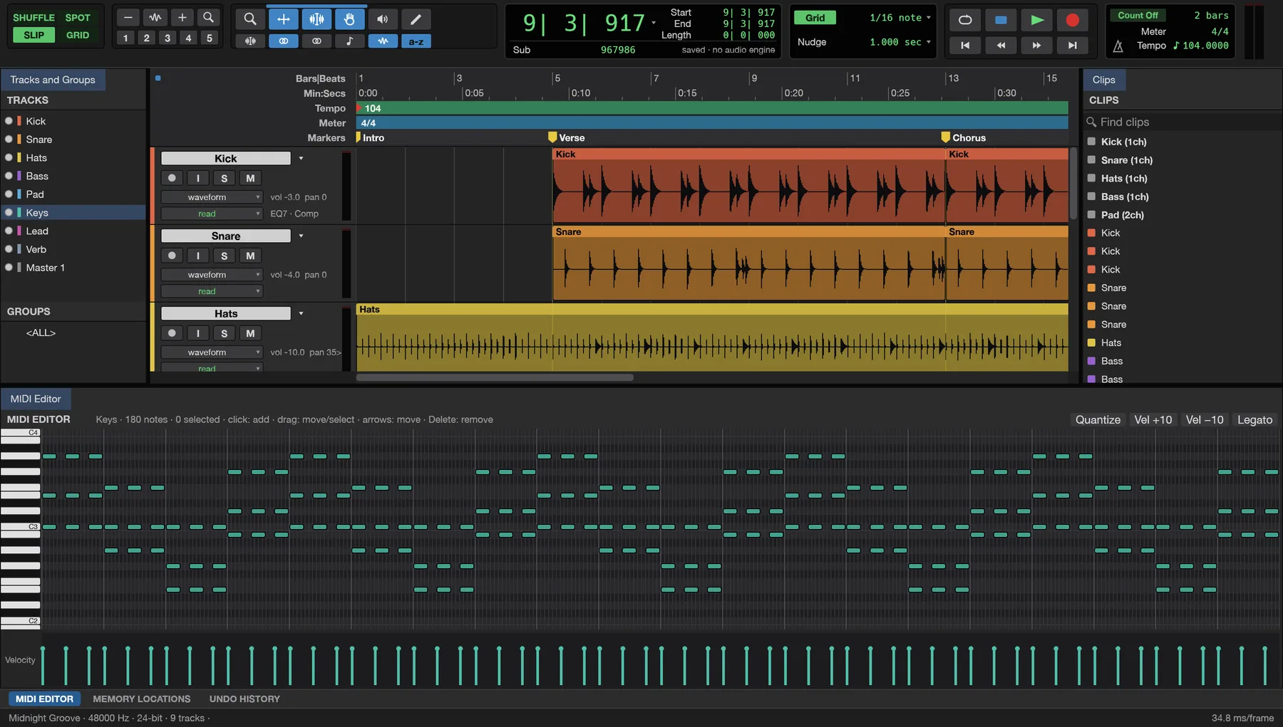 SynSound's MIDI editor with notes on a piano roll and a velocity lane.