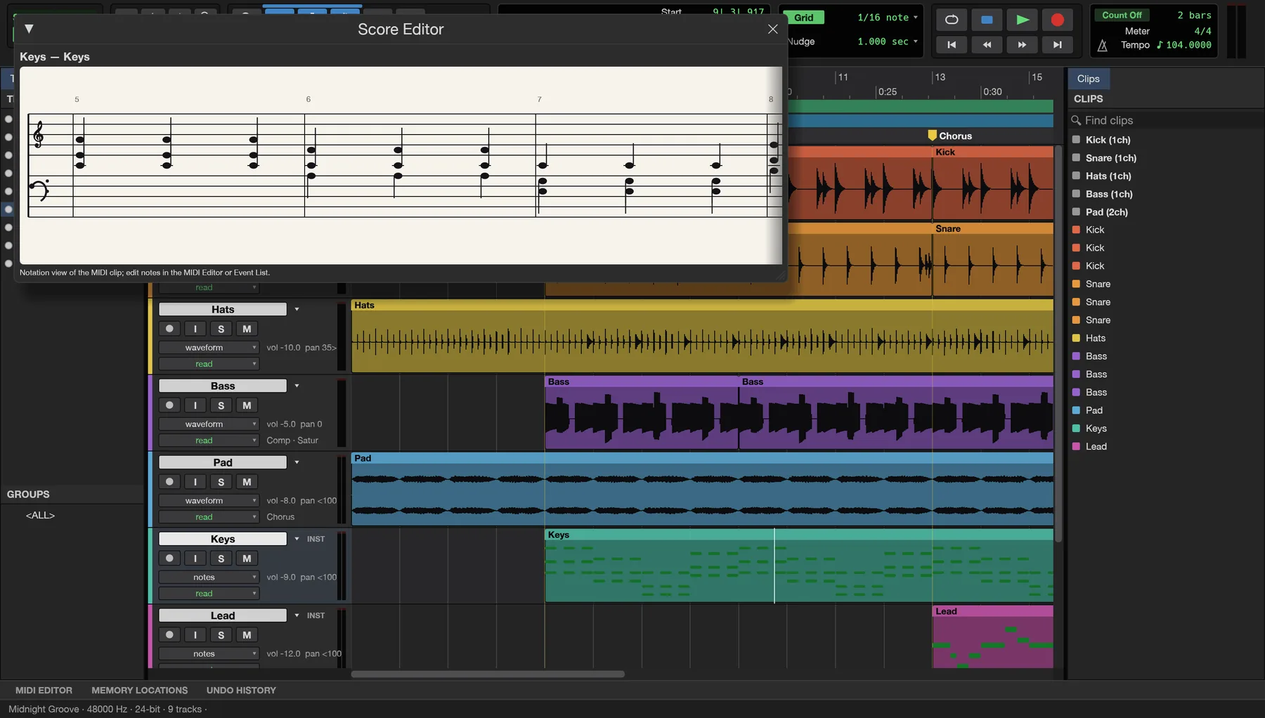 SynSound's Score Editor showing a MIDI track as engraved notation.